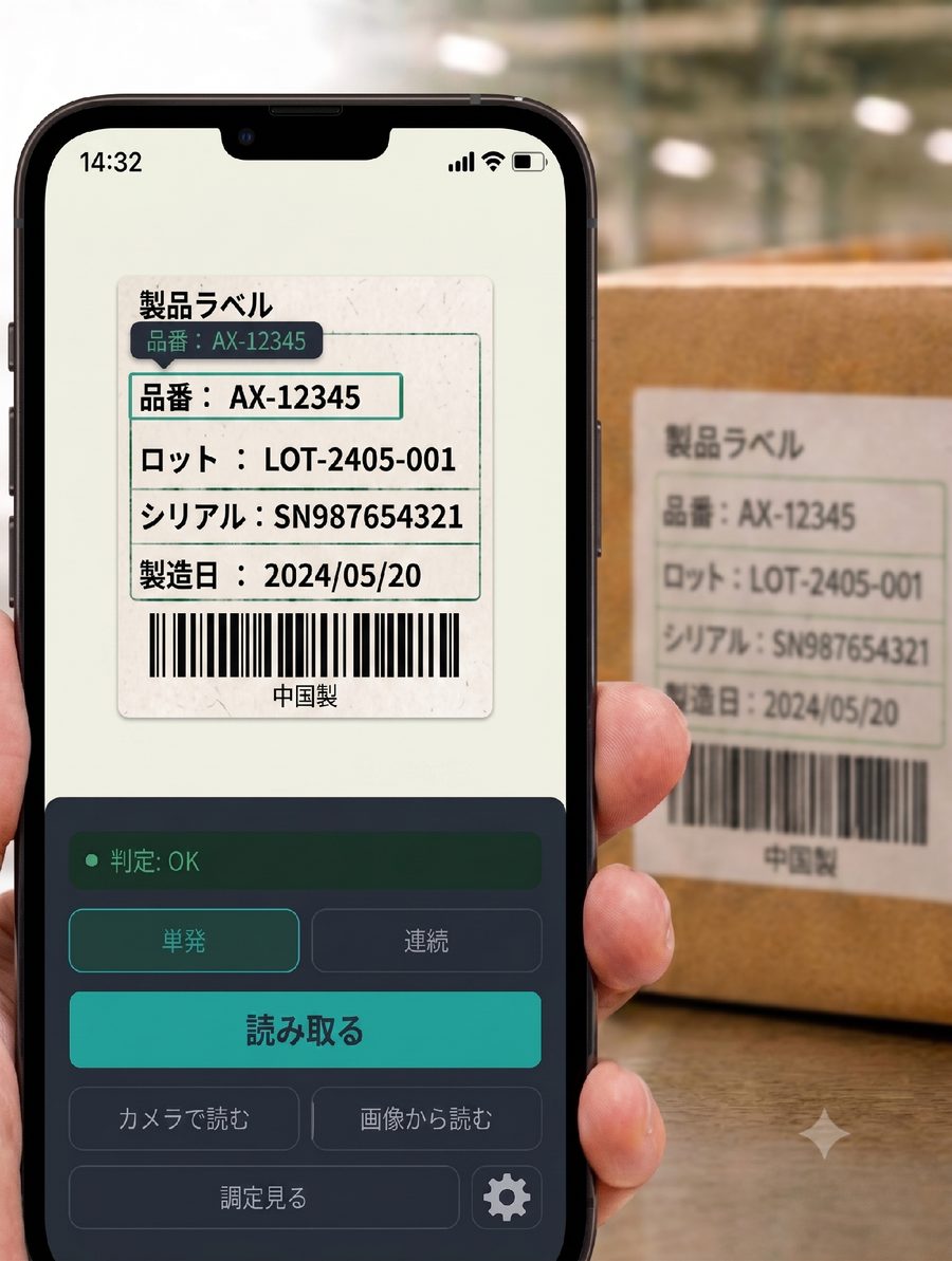 スマホのイチヨミOCRアプリで、製品ラベルの品番・ロット・シリアル・製造日を読み取っている画面
