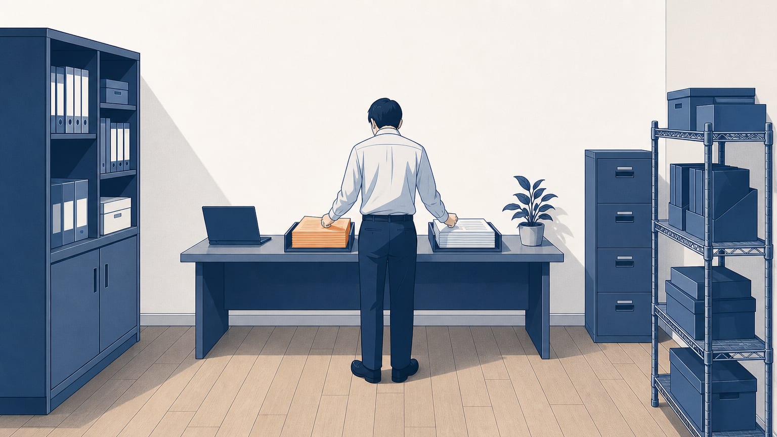 経理の事務所で、机の上のノートPCの横に2つのトレイに仕分けられた請求書の束が置かれ、後ろ姿の担当者がその内容を見比べている様子
